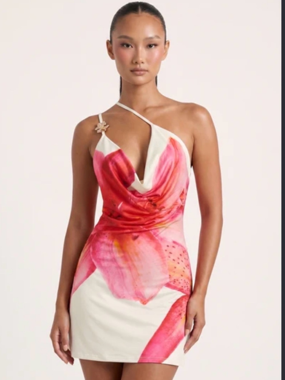 Peppermayo Pink Floral One-Shoulder Cowl Mini Dress